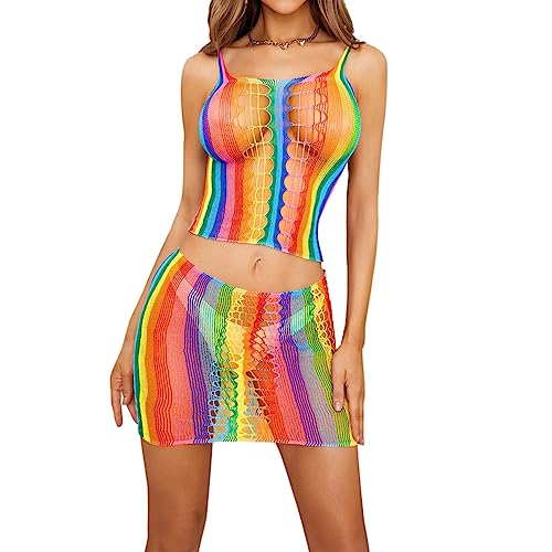Traje de baño de malla transparente arcoíris para mujer tipo vestido playero talla única