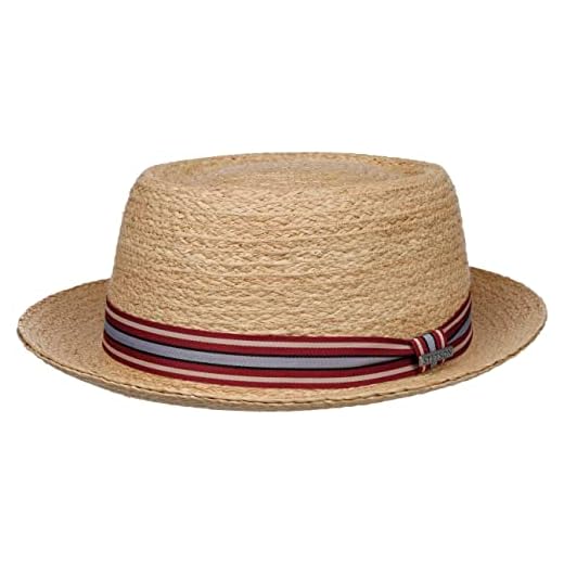 Stetson Terlaco Pork Pie Hat Raffia Straw Striped Band UV Protection 40+ Unisex Summer Nature XXL (62-63 cm)