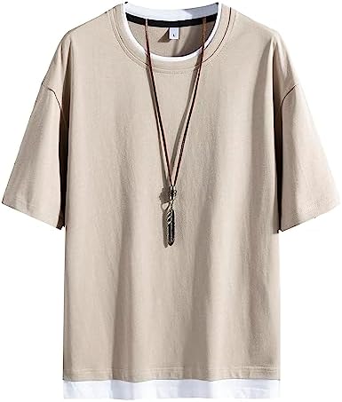 （18:30時点） [Hiboss] tシャツ メンズ 半袖 無地 重ね着風 大きいサイズ ゆったり 五分袖 メンズ 夏服 カーキXXL