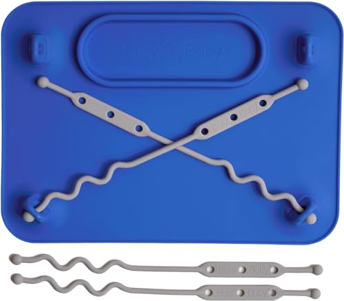 Image of BUSY BABY Silicone Mat - Suction Cups, 4 Straps to Secure Baby Essentials, Self Feeding, Baby Led Weaning, Travel Sleeve Included (Blue)