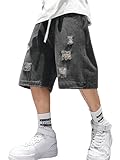 EMMIOL Baggy Jean Shorts Men, Y2k Jorts Ripped Elastic Waist, Mens Denim Shorts Comfy Casual Streetwear Summer,S