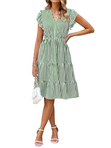 Glamaker Floral Tiered Midi Sundress Casual Summer V Neck Flutter Sleeve Striped Sun Dress with Pockets (Green Stripe L)