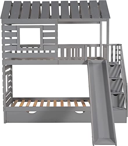 Meritline House Bunk Beds With Slide,Twin Over Twin Bunk Bed With Storage Stairs And Trundle, Wood Kids Bunk Bed With Roof And Window Design For Girls, Boys,Grey #TOP4
