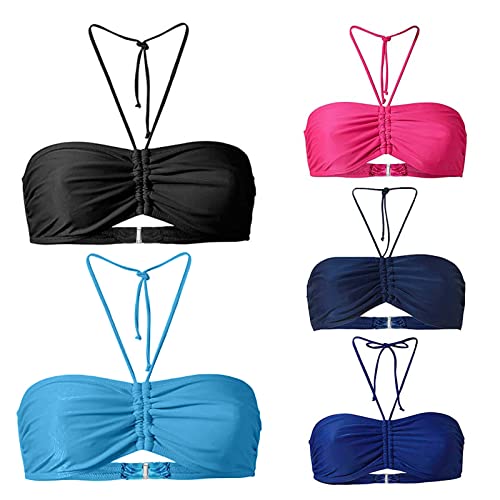 Image of Women's Bikini Tops Bandeau Top Plain Non-Wired Sexy Push Up Tie Pleated Halter Neck Swimming tops Swimwear Beachwear SwimmingBra Bathing Suit Swimsuits for Beach Pool Party Black