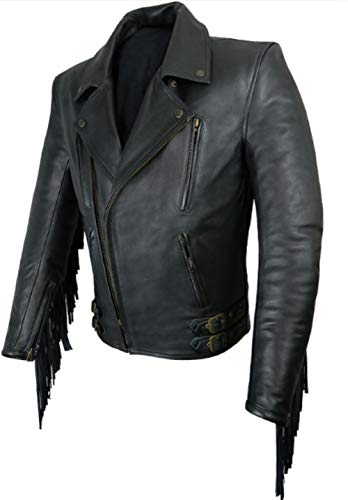 Men's Biker Rider Motorcycle Motorbike Club Genuine Cowhide Black Leather Fringed Jacket