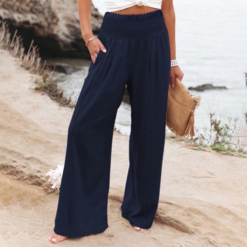 Womens Linen Pants 2025 Summer Casual Loose Wide Leg Palazzo Pants Smocked High Waist Flowy Beach Trousers2