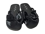 Black Satin Bow Flip Flops, Flat Sandals for Women (Black flip flops with Black Bows, 9)