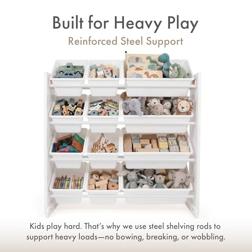 Image of Humble Crew Toy Storage Organizer with 12 Removable Storage Bins for Kids Playroom, 4-Tier Toddler Toy Organization, White /White