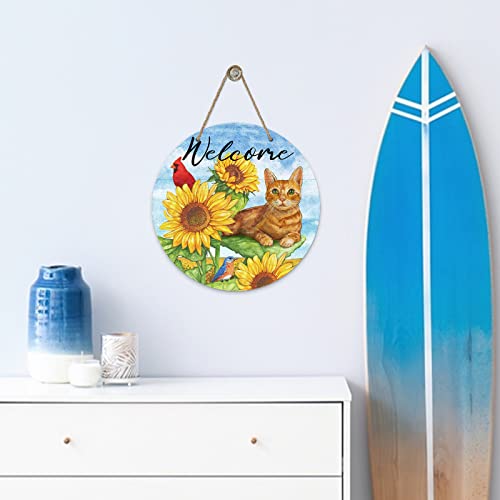 Deroro Welcome Fall Cat Cardinal Sunflower Sign For Front Door Decor, Autumn Orange Kitty Tabby Red Bird Wood Door Hanger For Outdoor Outside Porch, Summer Wooden Wreath Indoor Wall Hanging Decoration #TOP4
