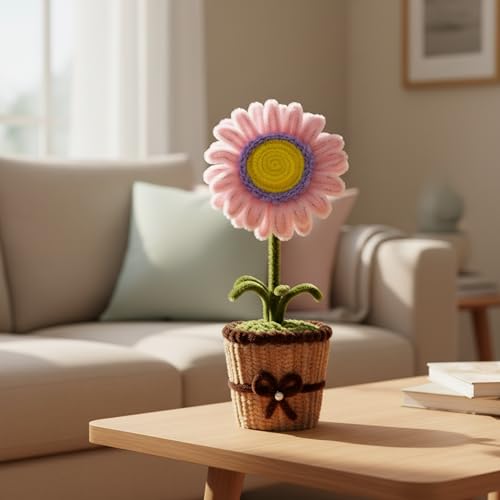 Image of Handmade Artificial Flower Pot for Home Decor | Cute Fuzzy Wire Pipe Cleaner Flower Plant | Aesthetic Tabletop Decorative Pot for Home, Office & Gifting (Soft Bloom :- Purple-BabyPink)
