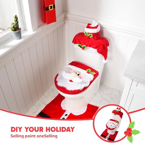 JOYIN 5 Pieces Christmas Theme Bathroom Decoration Set w/Toilet Seat Cover, Rugs, Tank Cover, Toilet Paper Box Cover and Santa Towel for Xmas Indoor Décor, Party Favors (Santa) by JOYIN - Image 4
