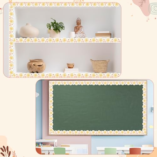 Image of BeYumi Boho Sun Border Trim - 65ft Back to School Boho Sun Scalloped Rolled Border Trim Pastel Watercolor Bulletin Board Set Classroom Office Chalkboard Kindergarten Elementary Home Party Decoration