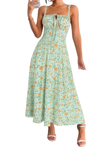 YATHON Spaghetti Strap Dress for Women Midi Floral Fit and Flare Corset Milkmaid Spring Summer Beach Sun Dresses (YT552-Green Floral 07,L)