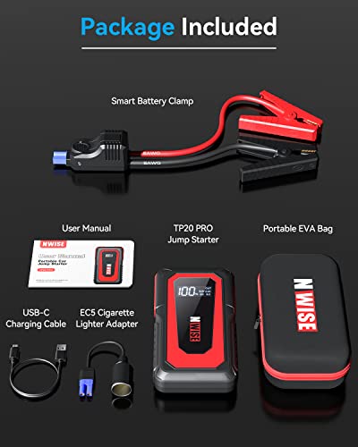Nwise Car Jump Starter, 2000A Peak 20000Mah Portable Battery Starter (Up To 8.0L Gas Or 7.0L Diesel Engine) With Smart Safety Jumper Clamps,12V Jump Boxes With Dual Usb Quick Charge 3.0, Led Light #TOP7