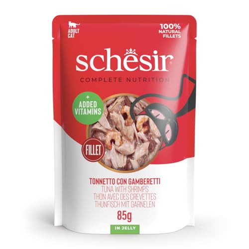 Schesir, Cazón con Gambas En Gelatina, Alimento Húmedo Completo para Gatos, En Lata, Ingredientes 100% Naturales, Libre De Crueldad, 12 x 140g