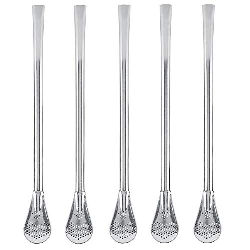5 unids 2 en 1 Cuchara de Beber de Acero Inoxidable Paja Reutilizable Lavable Cucharas de Cóctel de Metal Filtro de Té Agitar Cuchara Pajas(18cm)