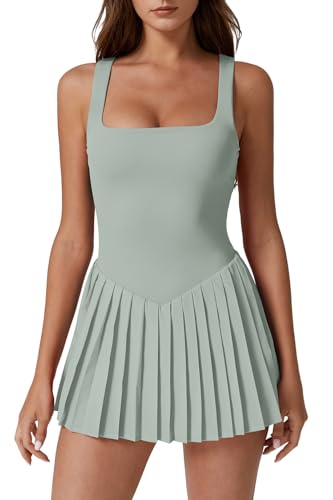 Image of QINSEN Womens Square Neck Tennis Dress Pleated Sleeveless Built in Shorts Golf Athletic Dress with Pockets