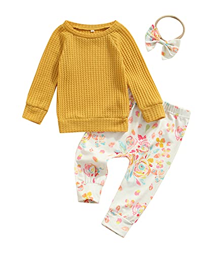 Baby Girls Clothing Set Girls Solid Long Sleeve Pullover Top Floral Pants+Headband Infant Outfits (Yellow , 18-24 Months )