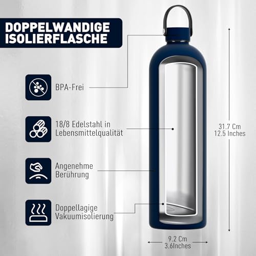 Edelstahl-Trinkflasche 1,5 Liter von Exllena mit Griff und Karabiner