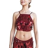 Genérico Top de Baile del Vientre con Lentejuelas y Flecos para espectáculo Carnaval Disfraz de Escena, Traje de Noche Elegante, rojo, Talla única