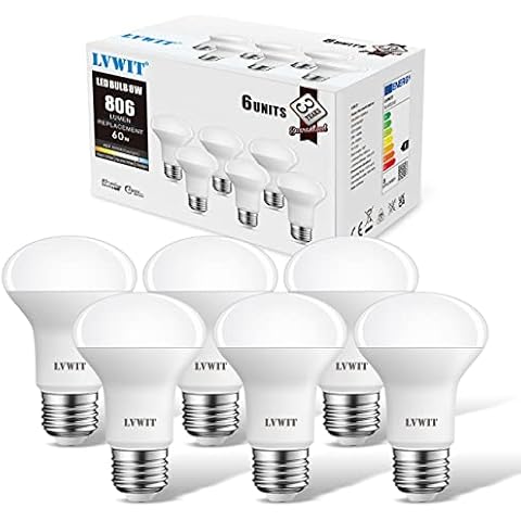 Daylight 8W Reflector E27 LED Spotlight Bulbs, LVWIT R63 E27 Spotlight Bulb Cold White ,60W Equivalent,6500K,806Lm ,R63 Spotlight Bulbs,130 Degree Beam Angle,220-240V,Non-Dimmable ( Pack of 6) Cover
