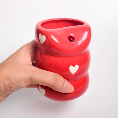 Image of Sip Bubble Ceramic Tumbler with Stainless Steel Straw | Red Heart Pattern, Handmade, Drinkware | 220 ML