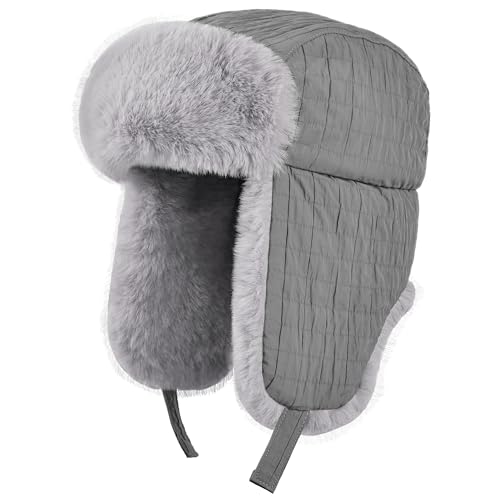 Winter Hat for Men Women Trapper Hat with Ear Flaps, Windproof Russian Trooper Hat for Cold Weather Hunting Skiing Grey