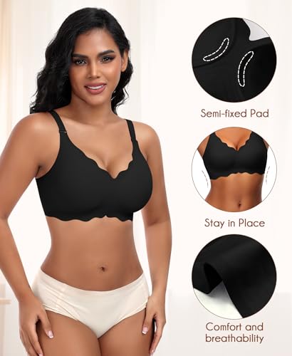 DOCUMO Bras for Women Scalloped No Underwire Wireless Seamless Bra with Lift and Support Adjustable Soft Semi-Fixed Pads Bralettes(Black,Small) — view 2
