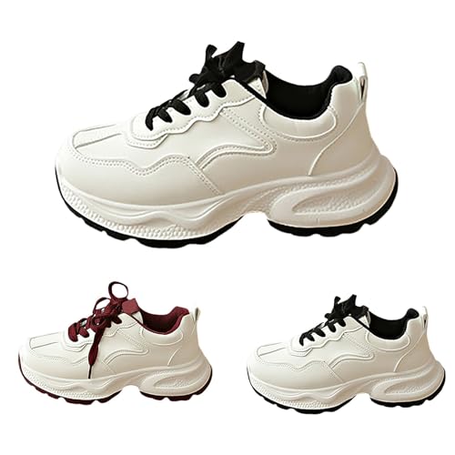 Image of Generisch Platform Trainers Women's Leather Running Shoes Chunky Casual Sports Shoes, black, 8.5 UK