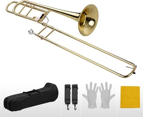 GYDUHYE Upgraded Intermediate Bb Flat Tenor Slide Trombone with F Trigger Including Mouthpiece Carry Case Gloves Cleaning Cloth Trumpet Set
