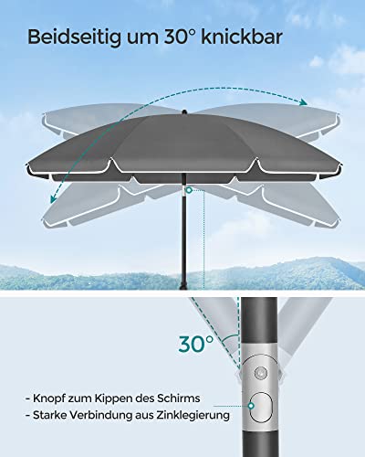 SONGMICS Sonnenschirm 160 cm, Sonnenschutz, UPF 50+, Strandschirm, beidseitig um 30° knickbar, höhenverstellbar, mit Tragetasche, für Balkon, Garten, Terrasse, Strand, ohne Ständer, grau GPU060G01