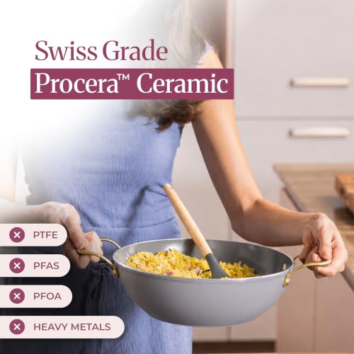 Image of Asai Ceramic Non Stick Kadai 26cm (3.5L) with Glass Lid & Spatula | Grey | Swiss Ceramic Coating | Gas & Induction Compatible | Stay-Cool Handles | Lab-Tested | 100% Toxin Free | Silicone Spatula