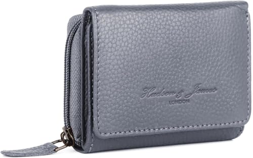 Image of Hudson & James Women’s RFID Blocking Leather Purse – Ladies Wallet with Multiple Card Slots, Zipper Pockets & Spacious Compartments (Grey)