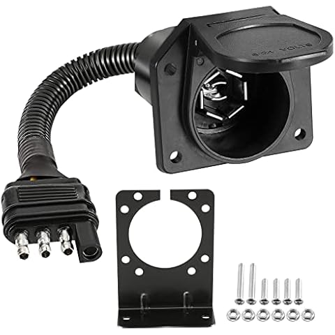 4 Way to 7 Way Trailer Adapter, Huazu 4-Way Flat to 7-Way Round Blade Trailer Light Adapter with Mounting Bracket for Towing Solutions Cover