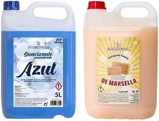 Familycom Pack 2 Detergente Liquido Para Lavadora Profesional Marsella, Colores, Tradicional, 5 Litros (2 Unidades de 5L) 10 Litros (Suavizante Azul y Marsella)