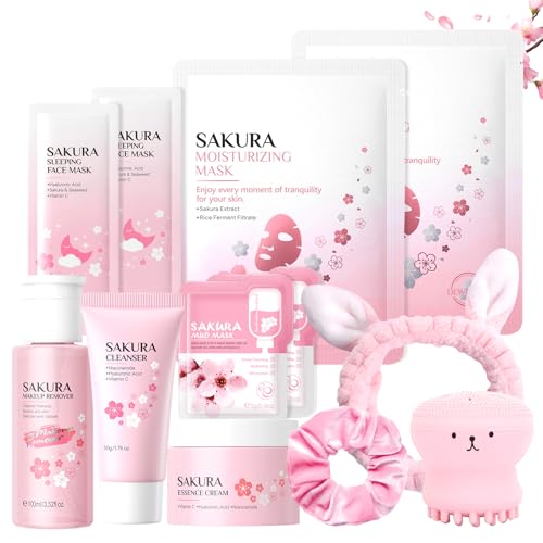 12 Piezas Set de Cuidado Facial Sakura, Set de Cuidado Diario de la Piel con Limpiador, Desmaquillante, Crema, Mascarilla Facial, Limpieza y cuidado facial, para Adolescentes y Mujeres