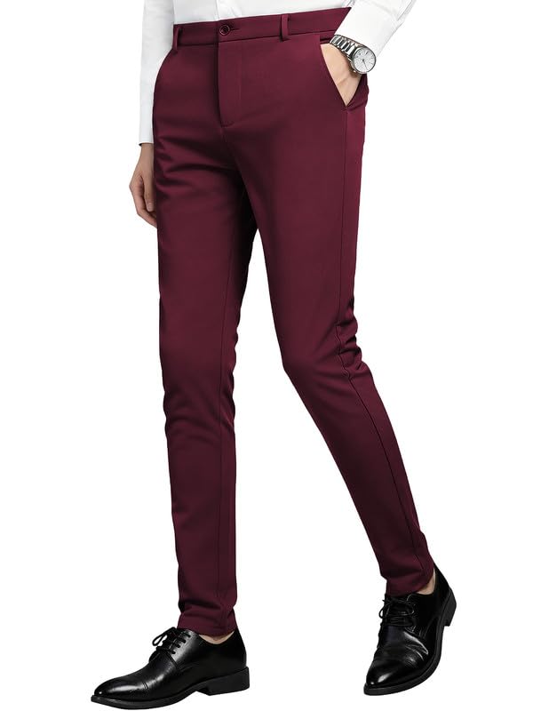 MAGE MALE Men's Skinny Stretch Dress Pants Slim Fit Suit Pants Burgundy