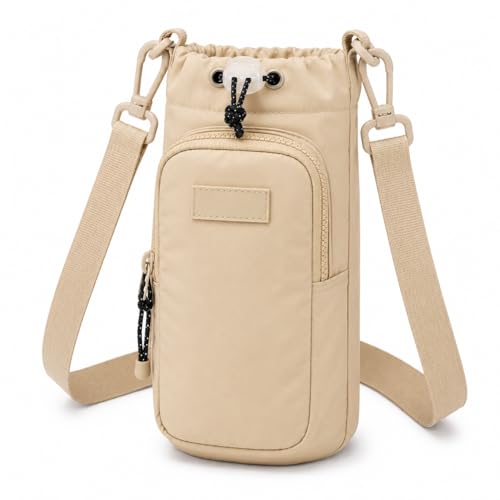Bolsa Porta Garrafa com Alça Ajustável e Bolso para Celular | Suporte para Squeeze e Garrafa | Ideal para Caminhada, Academia, Corrida, Viagem e Uso Diário (Bege)