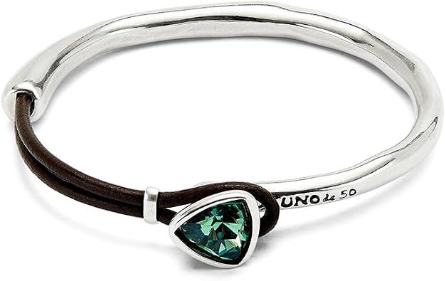 Uno de 50 Sterling Silver-Plated Leather Bracelet with Green Faceted Crystal, Rigid Design, SER CAMALEONICA