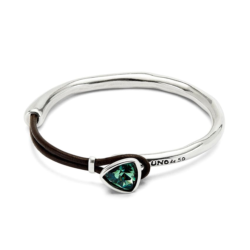 UNOde50 Sterling Silver-Plated Leather Bracelet with Green Faceted Crystal, Rigid Design, SER CAMALEONICA - Main Image
