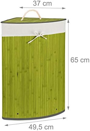 Relaxdays Bamboo Corner Basket, 65 x 49.5 x 37 cm, 64L, Folding Hamper with Laundry Sack, Green