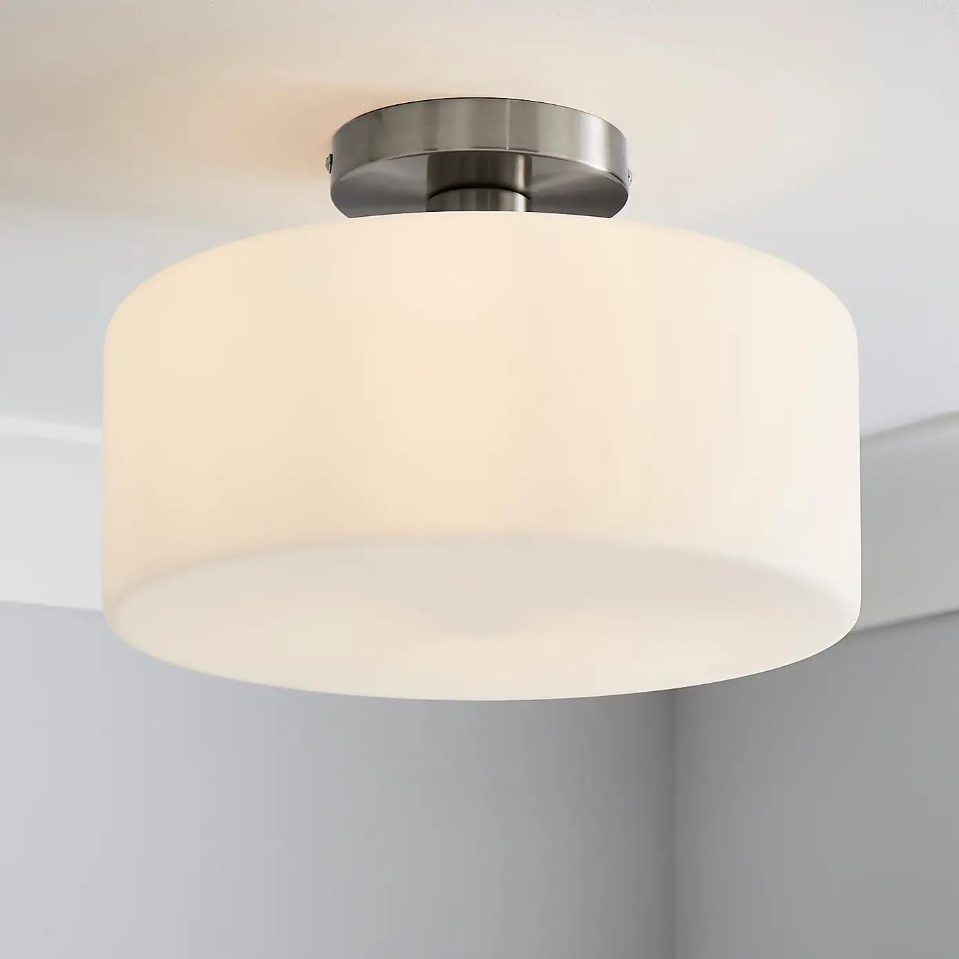 New Modern, Clean and Bright Design Opal Glass Plated Satin Nickel Metal Finish Semi Flush Ceiling Light & White Disc Shaped Glass Ideal for Hallways Home Decor