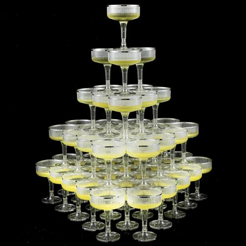Set of 55 Champagne Tower 7 oz Plastic Coupe Glasses, Glitter, Silver