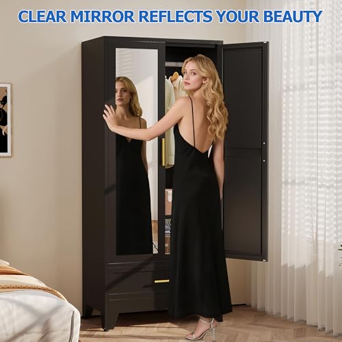 Image of GAIOUS Steel Armoire Wardrobe Closet with Mirror Door and Drawer 71 inch Black