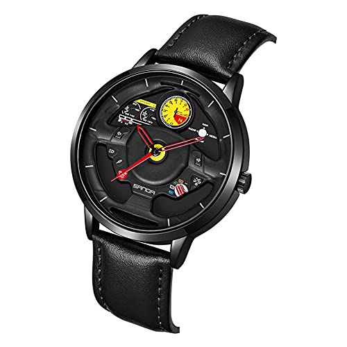 HEEYEE Reloj de Volante Creativo de los Hombres, Relojes de Pulsera de Cuarzo Deportes de Coche de Acero Inoxidable Relojes de Moda Impermeables para el Reloj de Regalo,Negro Cover