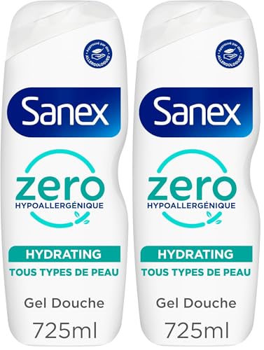 SANEX - Gel Douche Zero% hypoallergénique - Tous types de peau - Hydratant - Pour toutes la famille - Corps, visage & cheveux - 725ml (Lot de 2)