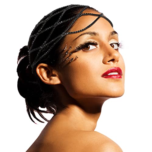 Vijiv 1920s Flapper Headpiece for Women Roaring 20s Great Gatsby Accessories Crystal Rhinestone Head Pieces Wedding Headbands for Bride Black