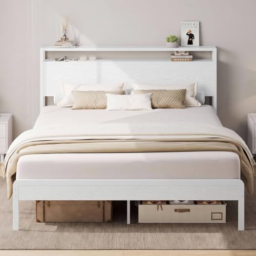 LIKIMIO Full Size Bed Frame with 2-Tier Storage Shelf Headboard