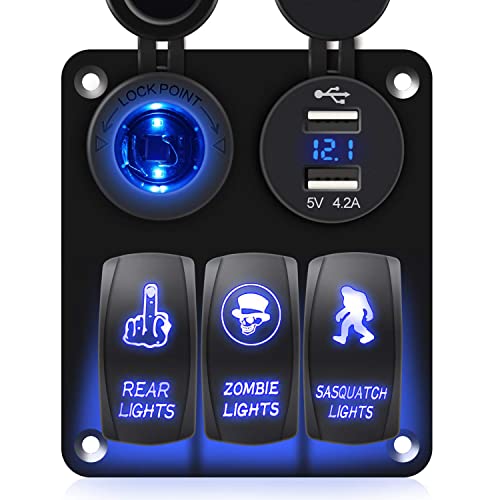 3 Gang Rocker Switch Panel Usb Charger Led Voltmeter Sasquatch Lights Zombie Lights Rear Lights On Off Aluminum Waterproof Toggle Switch Panel For 12V Cars Trucks Boats, 3 Years Warranty #TOP21