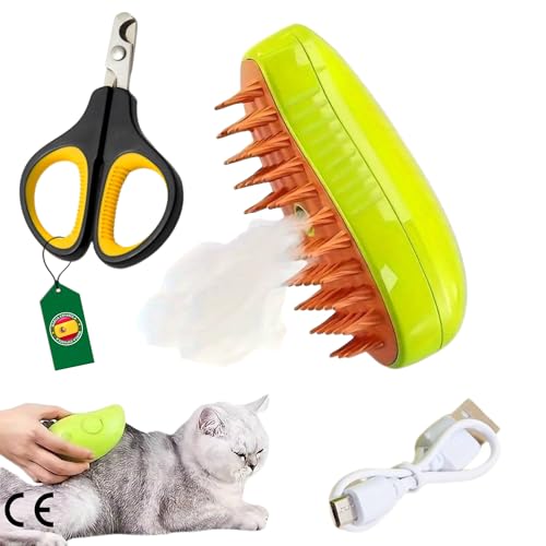 Cepillo a Vapor para Mascotas 3 en 1 - Incluye Tijera Corta Uñas - Cepillo con Vapor para Gatos - Cepillado Suave y Eficiente - Cepillo para Gatos Vapor - efecto masaje - Cepillo Vapor Perro